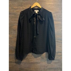 Rachel Parcell Black Clip Dot Tie Neck Blouse Long Sleeve Top Large RA421813MJ